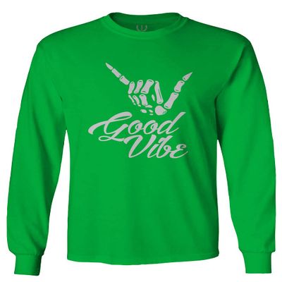0013. Big Good Vibe Bones Hand Shaka Cool Vintage Hipster Graphic Men's Long Sleeve t Shirt (Irish Green Medium)