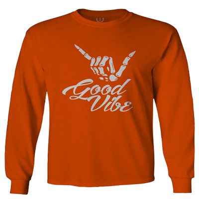 0013. Big Good Vibe Bones Hand Shaka Cool Vintage Hipster Graphic Men's Long Sleeve t Shirt (Orange 2X Large)