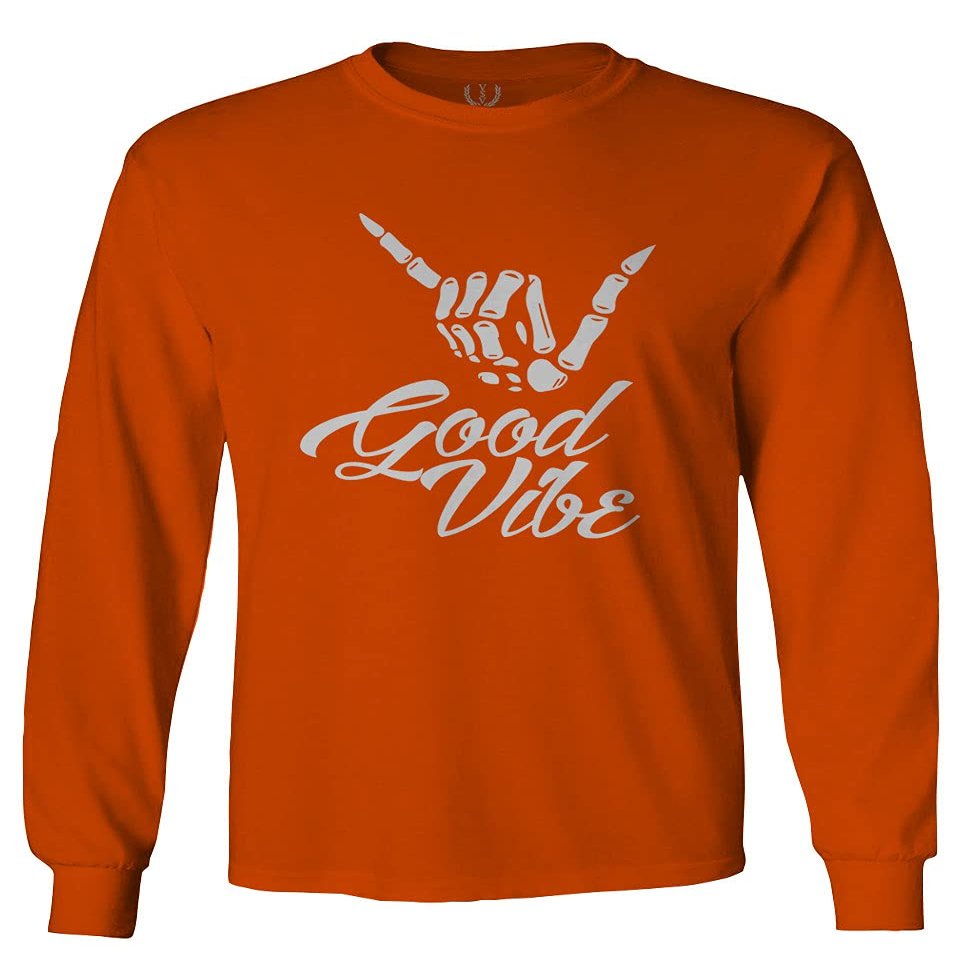 0013. Big Good Vibe Bones Hand Shaka Cool Vintage Hipster Graphic Men's Long Sleeve t Shirt (Orange 2X Large)