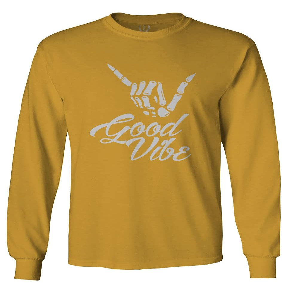 0013. Big Good Vibe Bones Hand Shaka Cool Vintage Hipster Graphic Men's Long Sleeve t Shirt (Gold Small)
