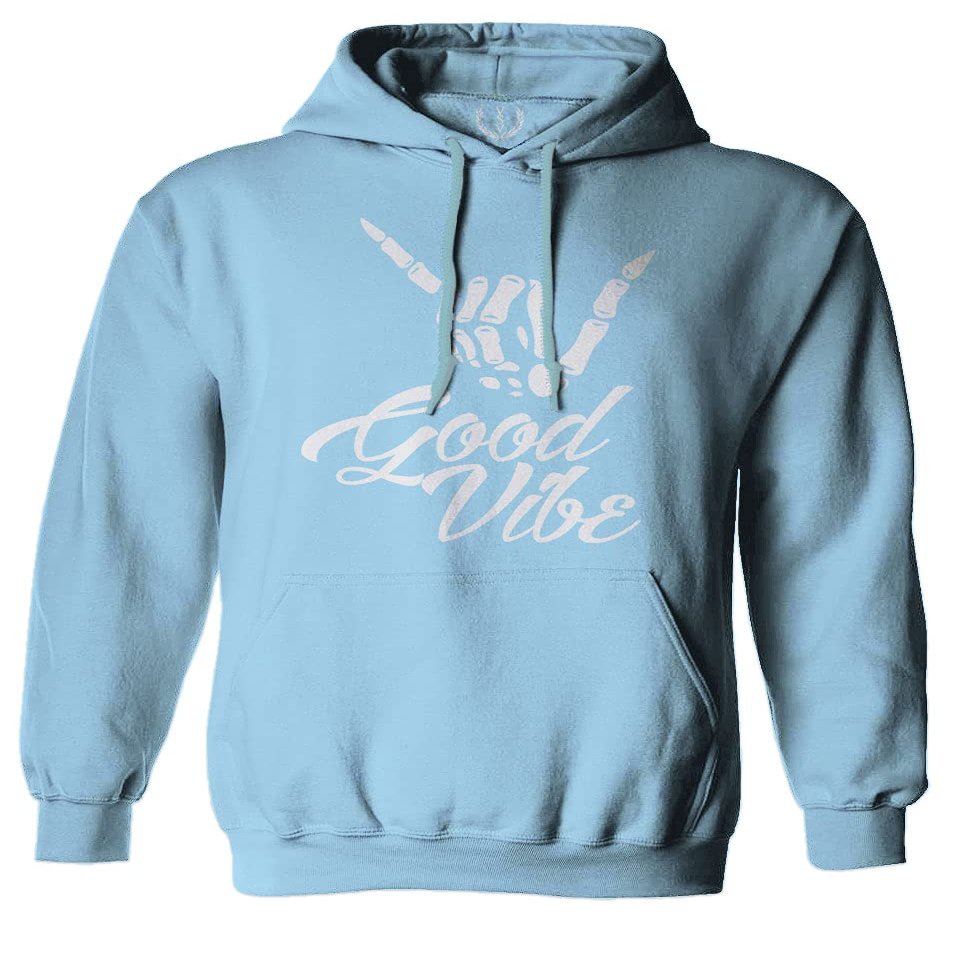 0013. Big Good Vibe Bones Hand Shaka Cool Vintage Hipster Graphic Sweatshirt Pullover Hoodie (Light Blue, Medium)