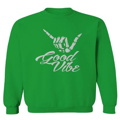0013. Big Good Vibe Bones Hand Shaka Cool Vintage Hipster Graphic Men's Crewneck Sweatshirt (Irish Green Medium)