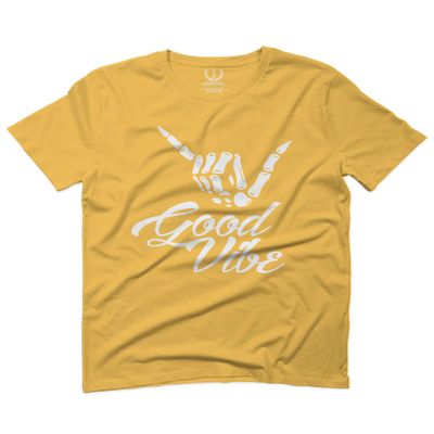 0013. Big Good Vibe Bones Hand Shaka Cool Vintage Hipster Graphic for Men T Shirt (Gold 2X-Large)