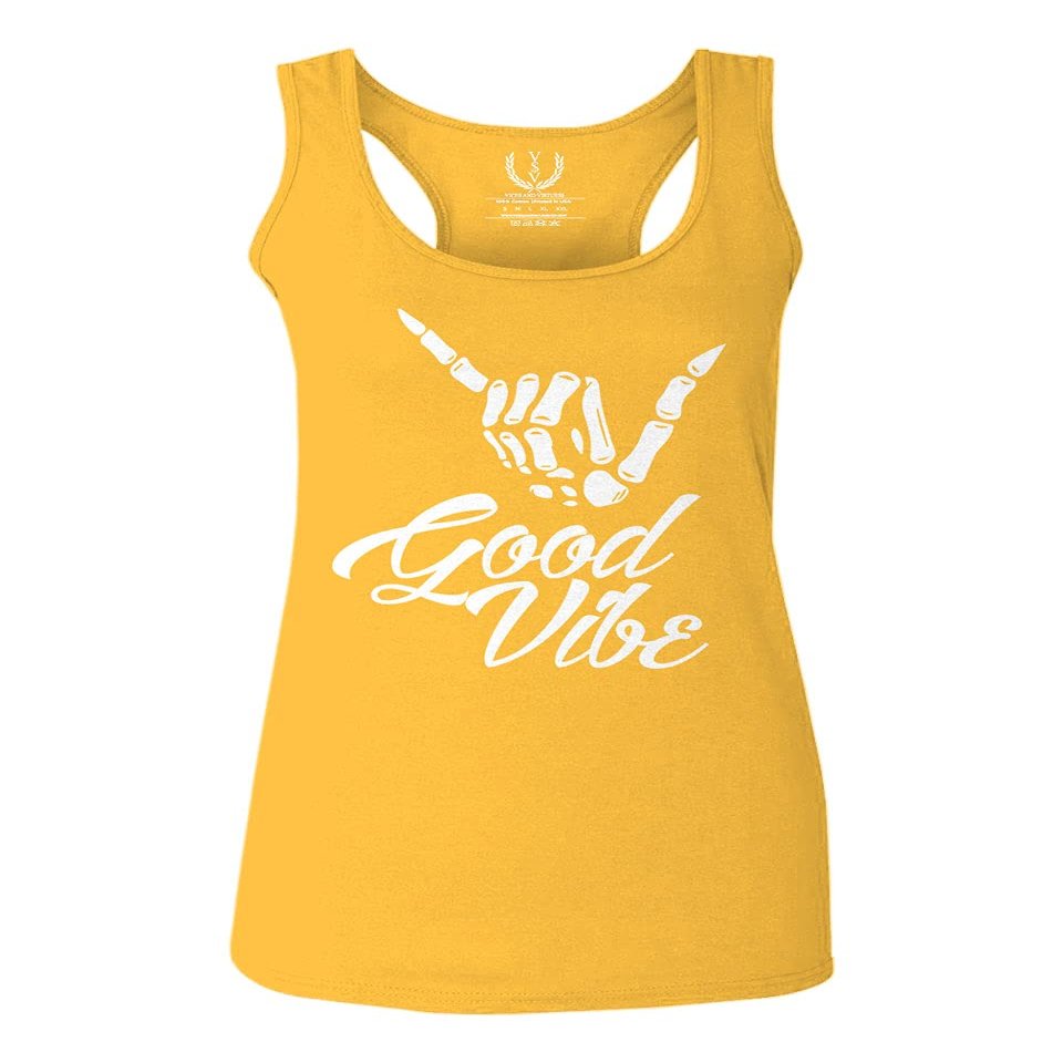 0013. Big Good Vibe Bones Hand Shaka Cool Vintage Hipster Graphic Women's Tank Top Racerback (Gold Large)