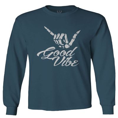0013. Big Good Vibe Bones Hand Shaka Cool Vintage Hipster Graphic Men's Long Sleeve t Shirt (Indigo Blue 2X Large)