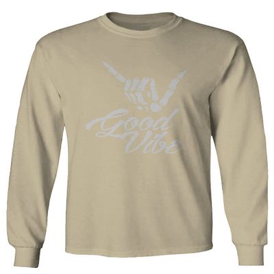 0013. Big Good Vibe Bones Hand Shaka Cool Vintage Hipster Graphic Men's Long Sleeve t Shirt (Beige 2X Large)