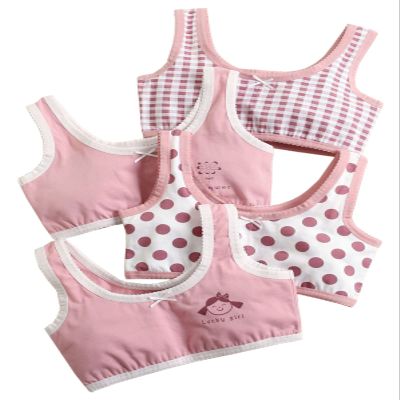 Betusline Pack of 4 Girls' Cute Print Pull-On Sport Bralette, Comfort Wide Shoulder Straps Bras for Girls, Flower/Polka Dots/Girl/Plaid, 6-7 Years = Tag 130