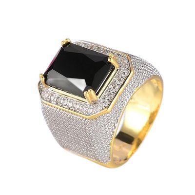 18K Gold Plated Two-Tone Men's Hip hop Ring Gold-Plated Copper Micro-Set Zircon Square Diamond Ring Sapphire Ring Cocktail Ring Wedding Anniversary Ring for Mens ST.017 (Black, 8)