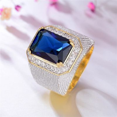 18K Gold Plated Two-Tone Men's Hip hop Ring Gold-Plated Copper Micro-Set Zircon Square Diamond Ring Sapphire Ring Cocktail Ring Wedding Anniversary Ring for Mens ST.017 (Blue, 11)