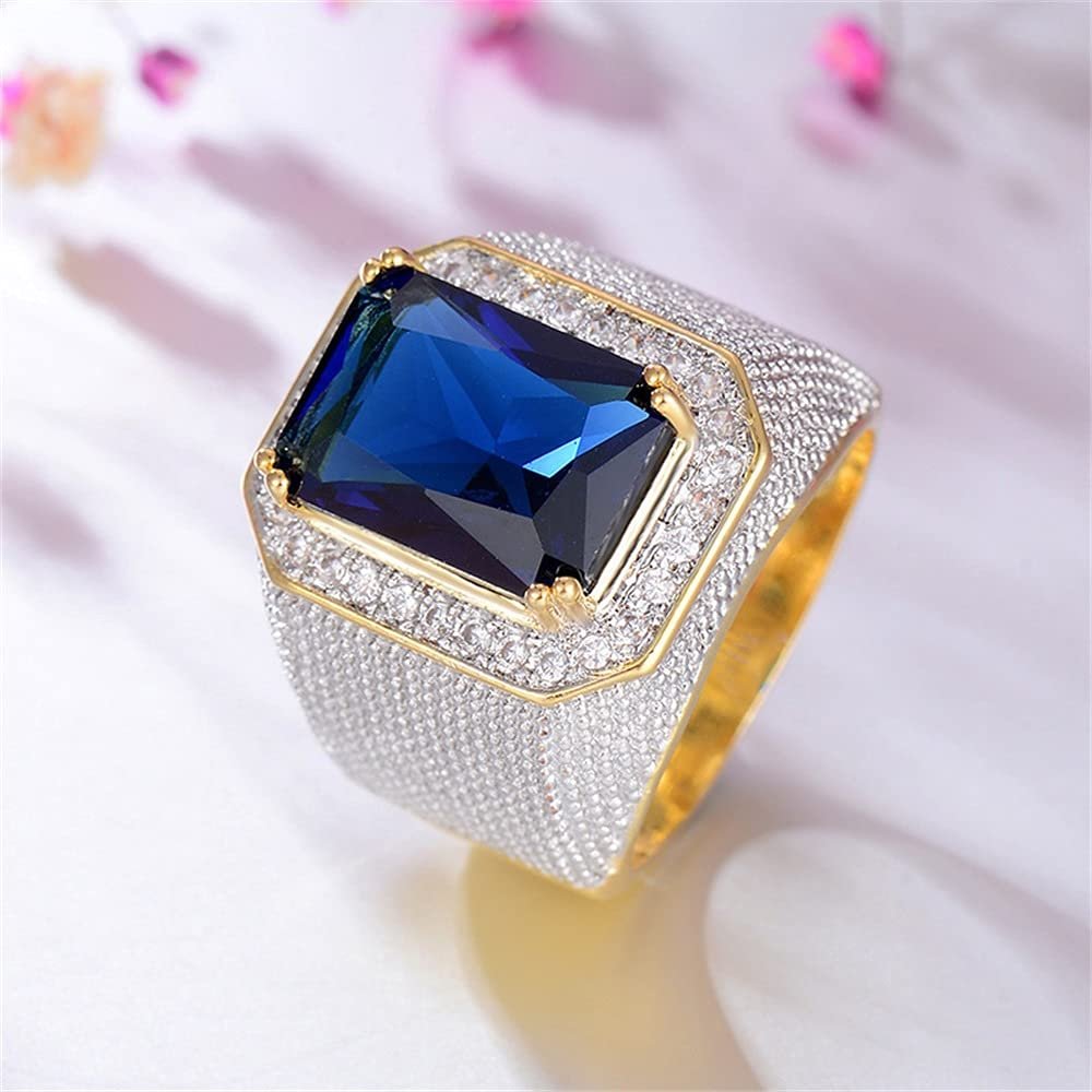 18K Gold Plated Two-Tone Men's Hip hop Ring Gold-Plated Copper Micro-Set Zircon Square Diamond Ring Sapphire Ring Cocktail Ring Wedding Anniversary Ring for Mens ST.017 (Blue, 11)