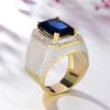 18K Gold Plated Two-Tone Men's Hip hop Ring Gold-Plated Copper Micro-Set Zircon Square Diamond Ring Sapphire Ring Cocktail Ring Wedding Anniversary Ring for Mens ST.017 (Blue, 11) view 2