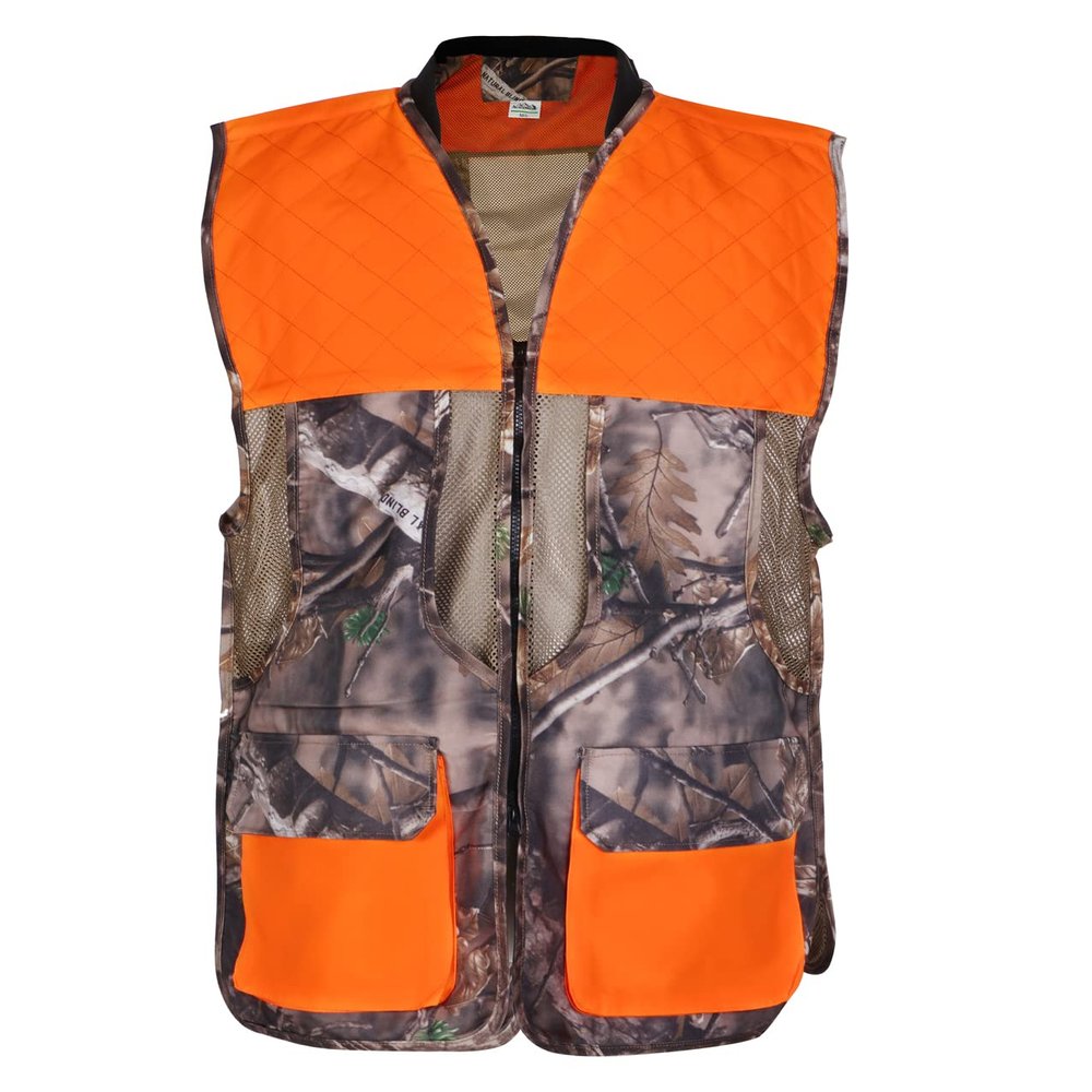 AUSCAMOTEK Upland Field Vest for Deer Bird Hunting with Camouflage and Blaze Orange Multiple Pockets and Recoil Pad XL/XXL