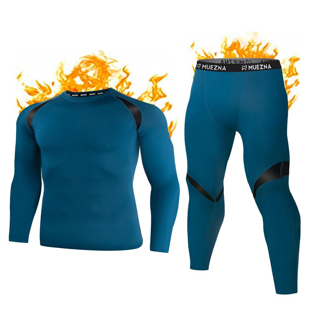 Muezna Men's Thermal Top and Bottom Set Underwear Long Johns Base Layer with Soft Fleece Lined Deep Blue