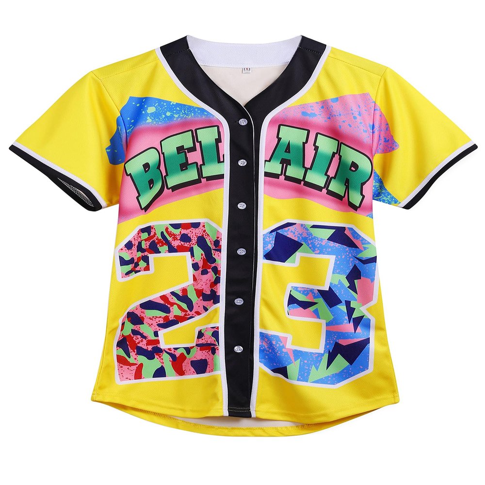 Amzdest 90s Clothing for Women, Unisex Hip Hop Party, Bel Air 23 Baseball Jersey Short Sleeve Button Down Shirt (23Citrine, X-Large)
