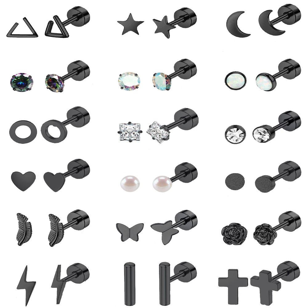 18 Pairs Stainless Steel Stud Earrings Set for Women Men Star Moon flower Heart Leaf Opal 20G Cartilage Earrings Hypoallergenic Flatback Earrings Piercing Jewelry