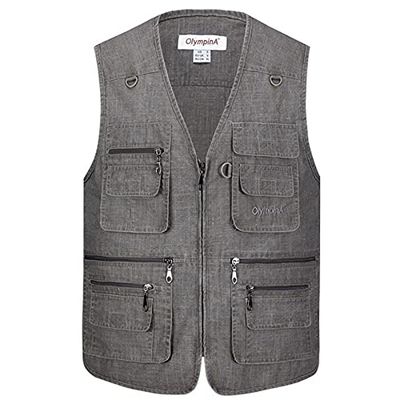 XINDSJDS Classic Multi Pocket Vest for Men Spring Autumn Male Casual Sleeveless Photographer Jacket Dark Gray Vest XL