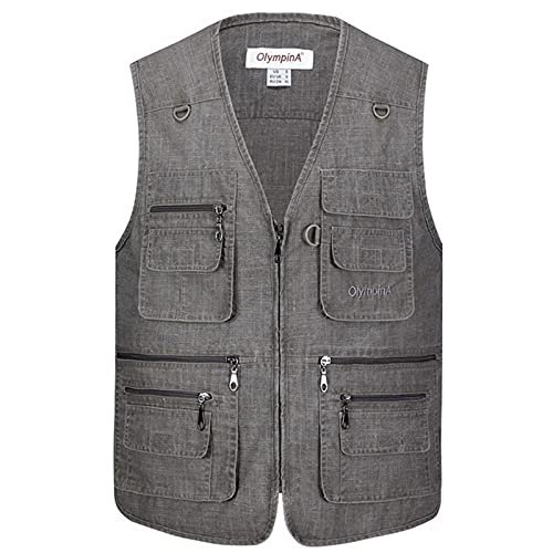 XINDSJDS Classic Multi Pocket Vest for Men Spring Autumn Male Casual Sleeveless Photographer Jacket Dark Gray Vest XL