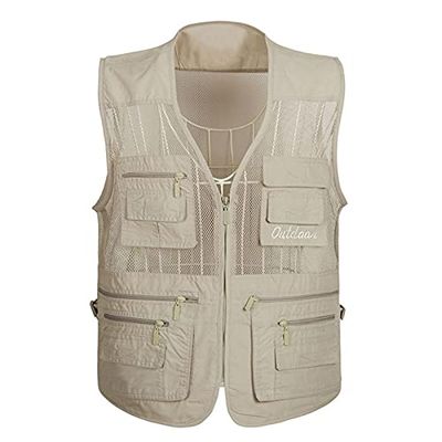 XINDSJDS Quick-Drying Mesh Tactical Vest Ultralight Fishing Camping Travel Vest with Multi Pockets Light Khaki Vest 4XL