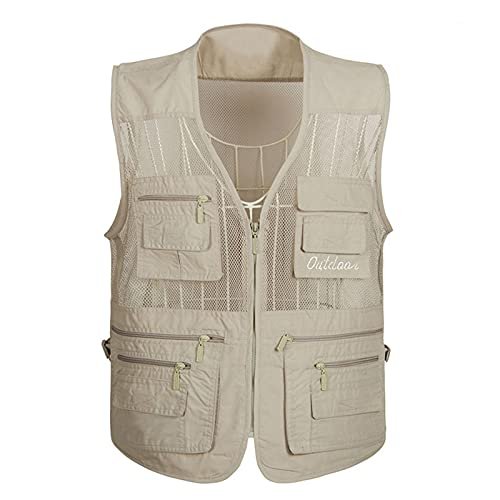 XINDSJDS Quick-Drying Mesh Tactical Vest Ultralight Fishing Camping Travel Vest with Multi Pockets Light Khaki Vest 4XL