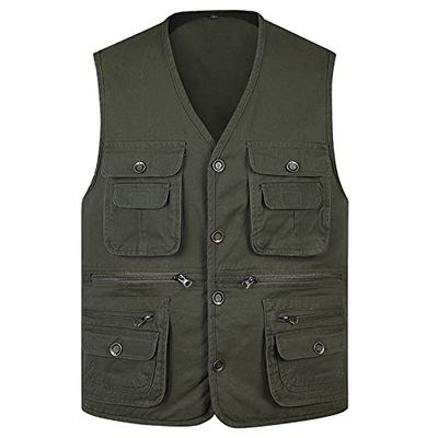 XINDSJDS Classic Summer Men Vest Cotton Button Multi Pocket 3 Colors Sleeveless Jacket with Many Pockets Light Army Green VES 5XL