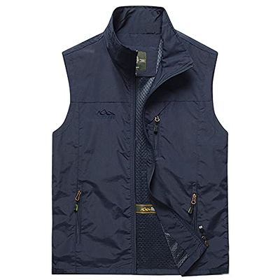 XINDSJDS Summer Mesh Vest Men Thin Breathable Multi Pocket Classic Sleeveless Climbing Hiking Fishing Jackets Dark Blue 4XL