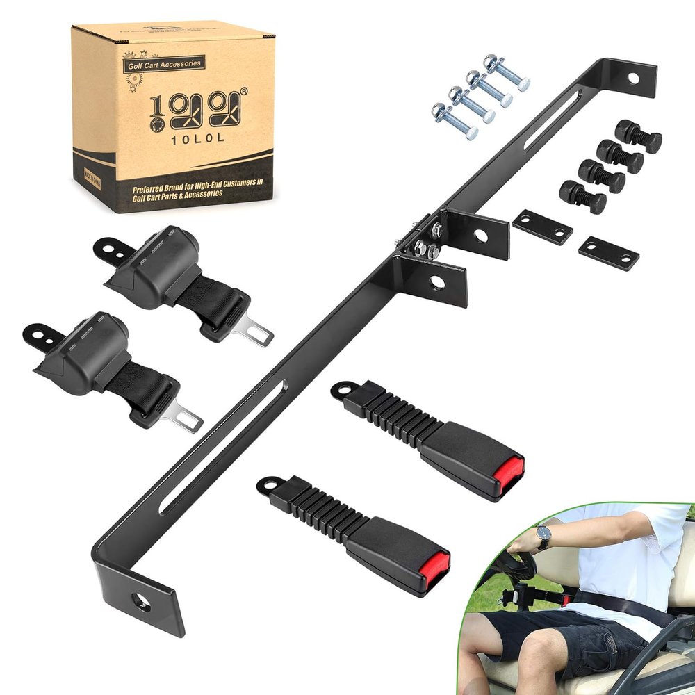10L0L Universal 2 Passenger Golf Cart Seat Belt Bracket Kit fit Yamaha, EZGO TXT/RXV, Club Car DS Front Seat, Retractable Seatbelts 42" Long