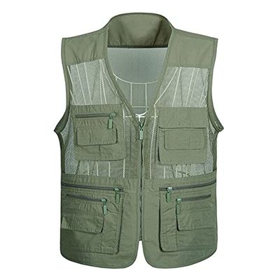 XINDSJDS Quick-Drying Mesh Tactical Vest Ultralight Fishing Camping Travel Vest with Multi Pockets Army Green Vest 3XL
