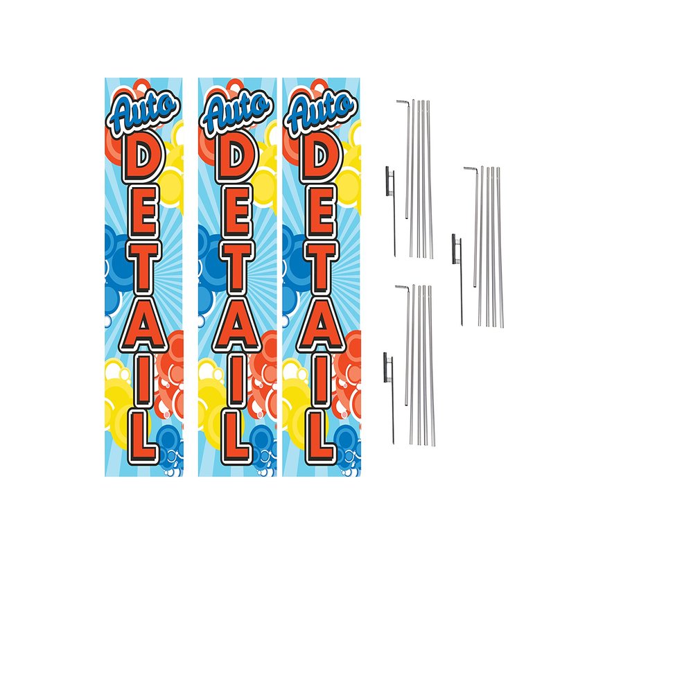 COBB PROMO Three Auto Detail Advertising Rectangle Boomer Feather Flags Complete Kits with Three Flag Poles and Three Ground Spikes Red Blue Yellow