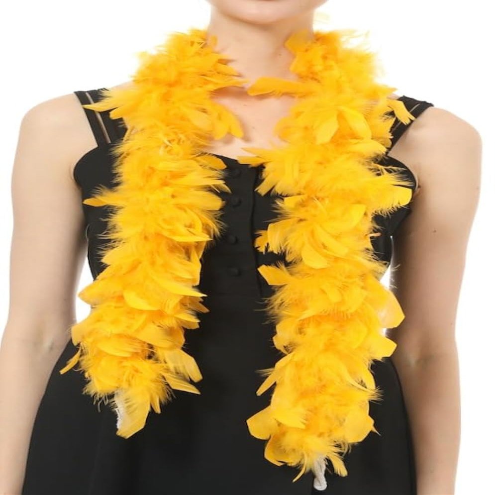 Flydreamfeathers 25 Gram, 4 Feet Long Chandelle Feather Boa, Great for Wedding, Halloween Costume, Christmas Tree, Decoration (Gold Yellow)