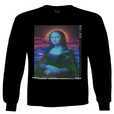 Mona Lisa Aesthetic Art Retro Japanese Anime Vaporwave Men's Long Sleeve t Shirt (Black, 2X Large)
