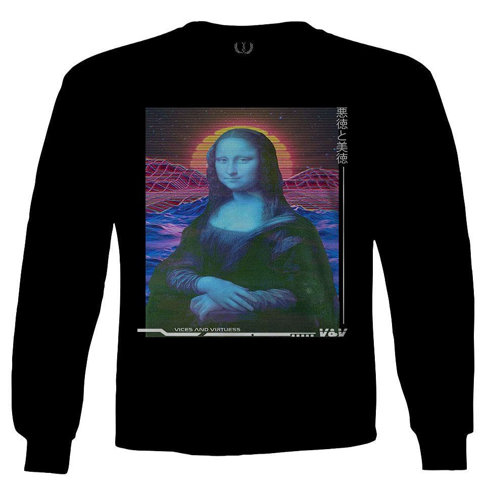 Mona Lisa Aesthetic Art Retro Japanese Anime Vaporwave Men's Long Sleeve t Shirt (Black, 2X Large)