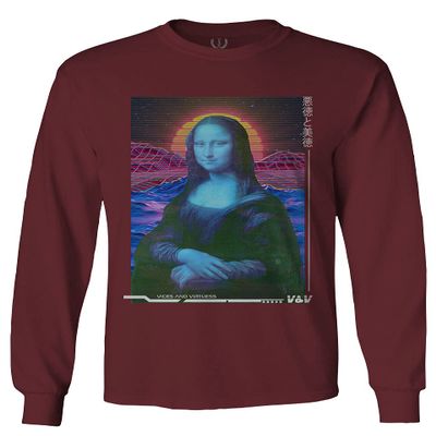 Mona Lisa Aesthetic Art Retro Japanese Anime Vaporwave Men's Long Sleeve t Shirt (Maroon 2X Large)