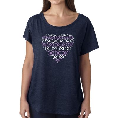 LA POP ART Women's Dolman Cut Word Art Shirt - XOXO Heart Navy