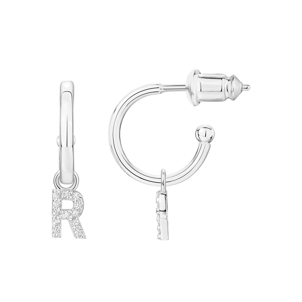PAVOI CZ Initial Huggie Earrings for Women, White Gold, Size 12 Millimeters