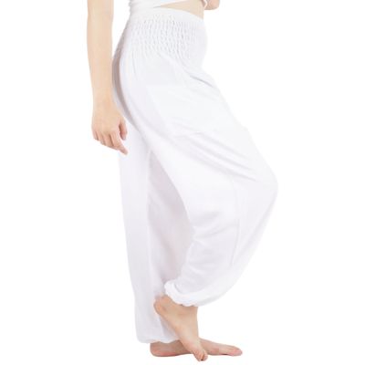Boho Pants 2-Pocket Flowy Harem Pants Women for Yoga Travel Hippie Clothes Solid White