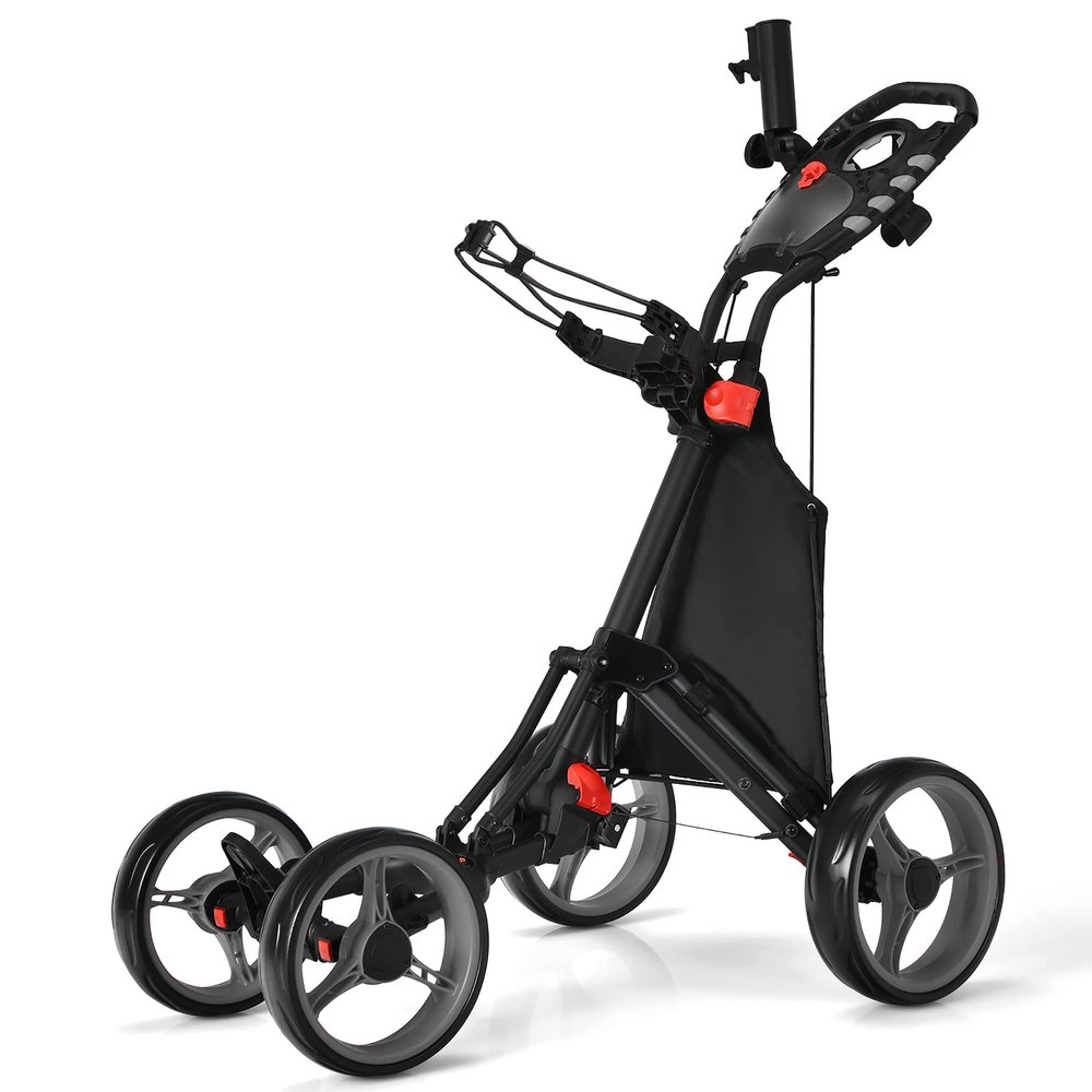DORTALA Golf Push Pull Cart, Lightweight Folding 4 Wheels Golf Push Cart, Golf Trolley with Waterproof Bag & Foot Brake, Free Cup & Adjustable Umbrella Holder, Height-Adjustable Handle, Gray