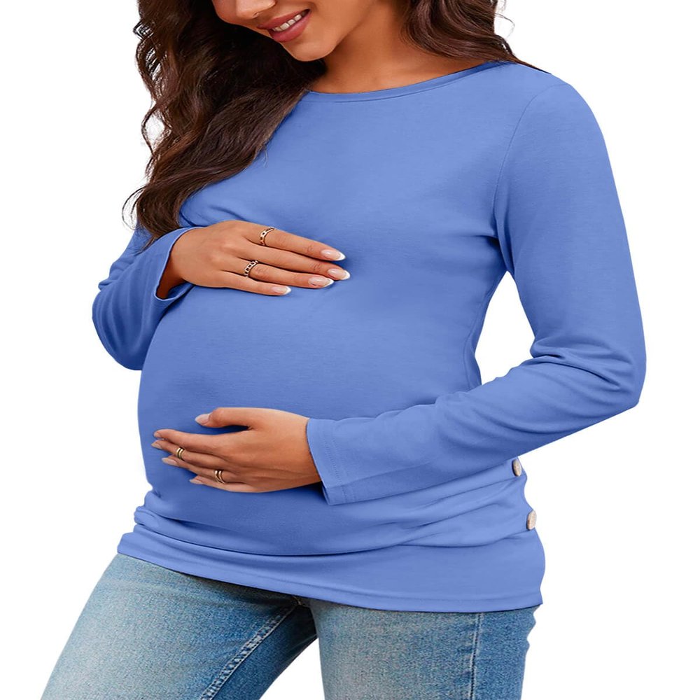 Chuanqi Maternity Shirt Side Button and Ruched Tunic Tops Maternity Long Sleeve T-Shirts (A-Blue, XX-Large, xx_l)