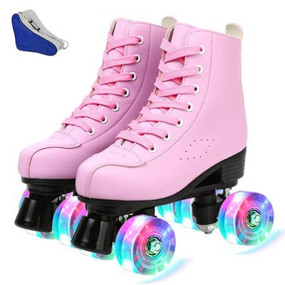 Women Pu Microfiber Roller Skates Skating Shoes Sliding Inline Quad Skates Sneakers Training Europe Size 2 Row 4 Wheels for Adult Kids Youth Boys Girls Outdoor Pink Flash 260 uk7 eur40