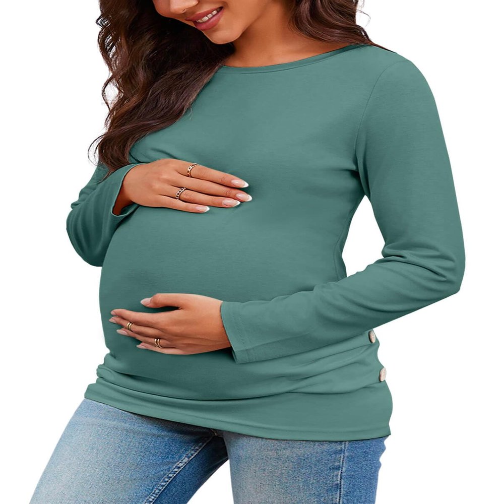 Chuanqi Womens Maternity Shirt Fall Long Sleeve Crew Neck T-Shirts Pregnancy Clothes Side Ruched Tunic Tops A-Light Green