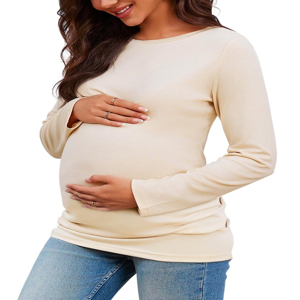 Chuanqi Womens Maternity Shirt Fall Long Sleeve Crew Neck T-Shirts Pregnancy Clothes Side Ruched Tunic Tops A-Apricot