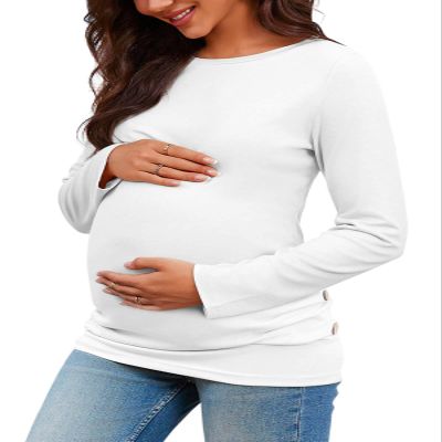 Chuanqi Womens Maternity Shirt Fall Long Sleeve Crew Neck T-Shirts Pregnancy Clothes Side Ruched Tunic Tops A-White