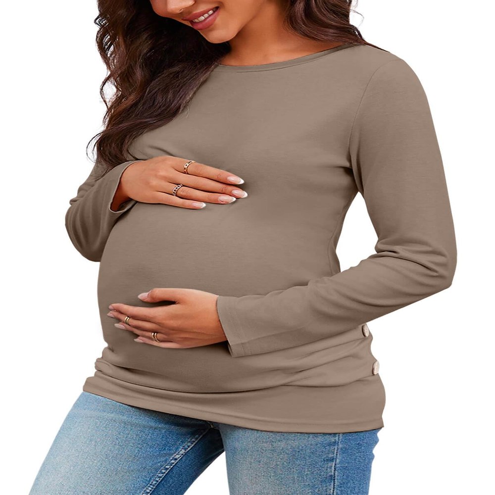 Chuanqi Maternity Shirt Side Button and Ruched Tunic Tops Maternity Long Sleeve T-Shirts (A-Khaki, XX-Large, xx_l)