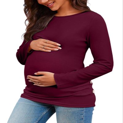 Chuanqi Womens Maternity Shirt Fall Long Sleeve Crew Neck T-Shirts Pregnancy Clothes Side Ruched Tunic Tops A-Wine Red