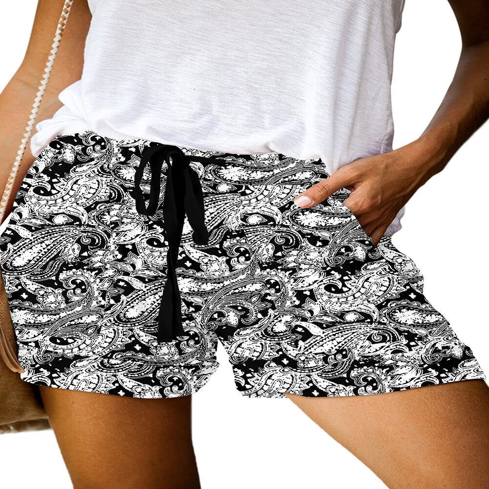 ONLYSHE Women's White Paisley Print Workout Running Athletic Shorts CasualPants Ladies Plus Size Shorts with Pockets S