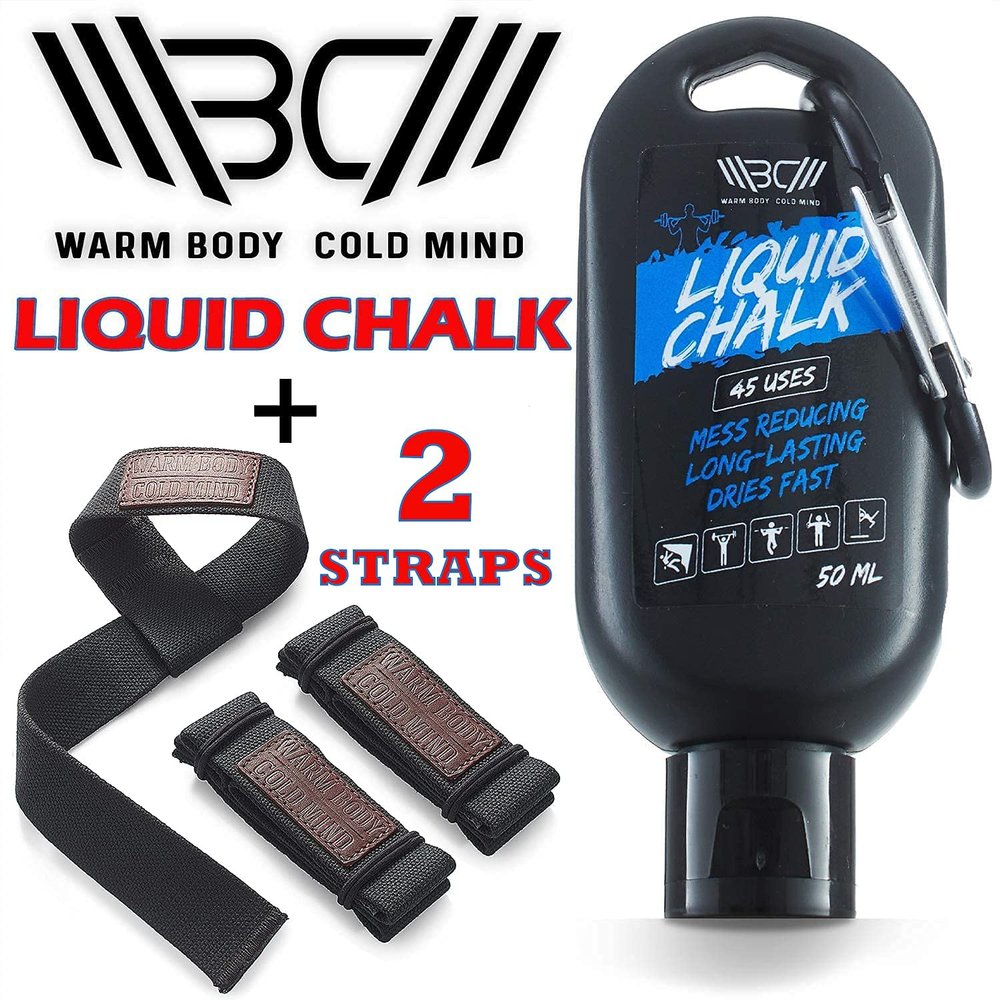 WARM BODY COLD MIND Liquid Chalk 50ml + 2 Lifting Straps Bundle for Weightlifting, Powerlifting, Strength Deadlift Training
