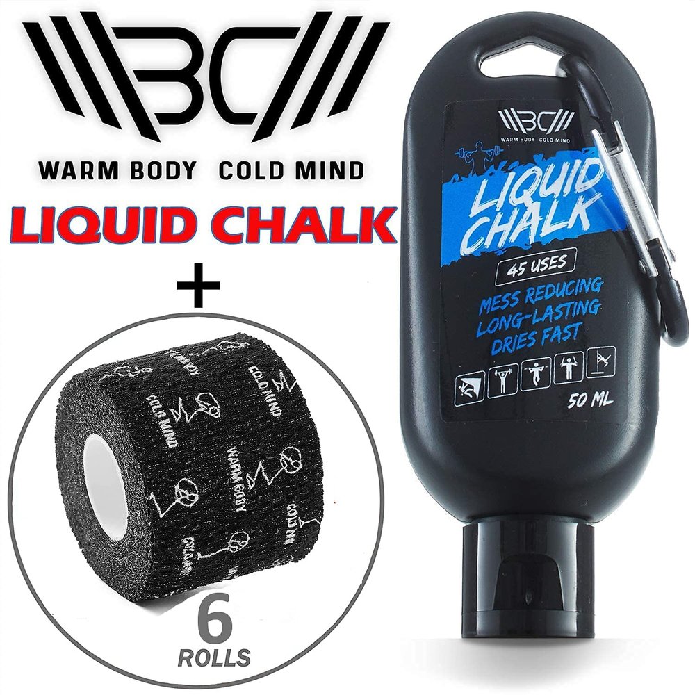 WARM BODY COLD MIND Liquid Chalk 50ml Bundle + 6 Black Tape Rolls for Weightlifting, Powerlifting, Strength Deadlift Training