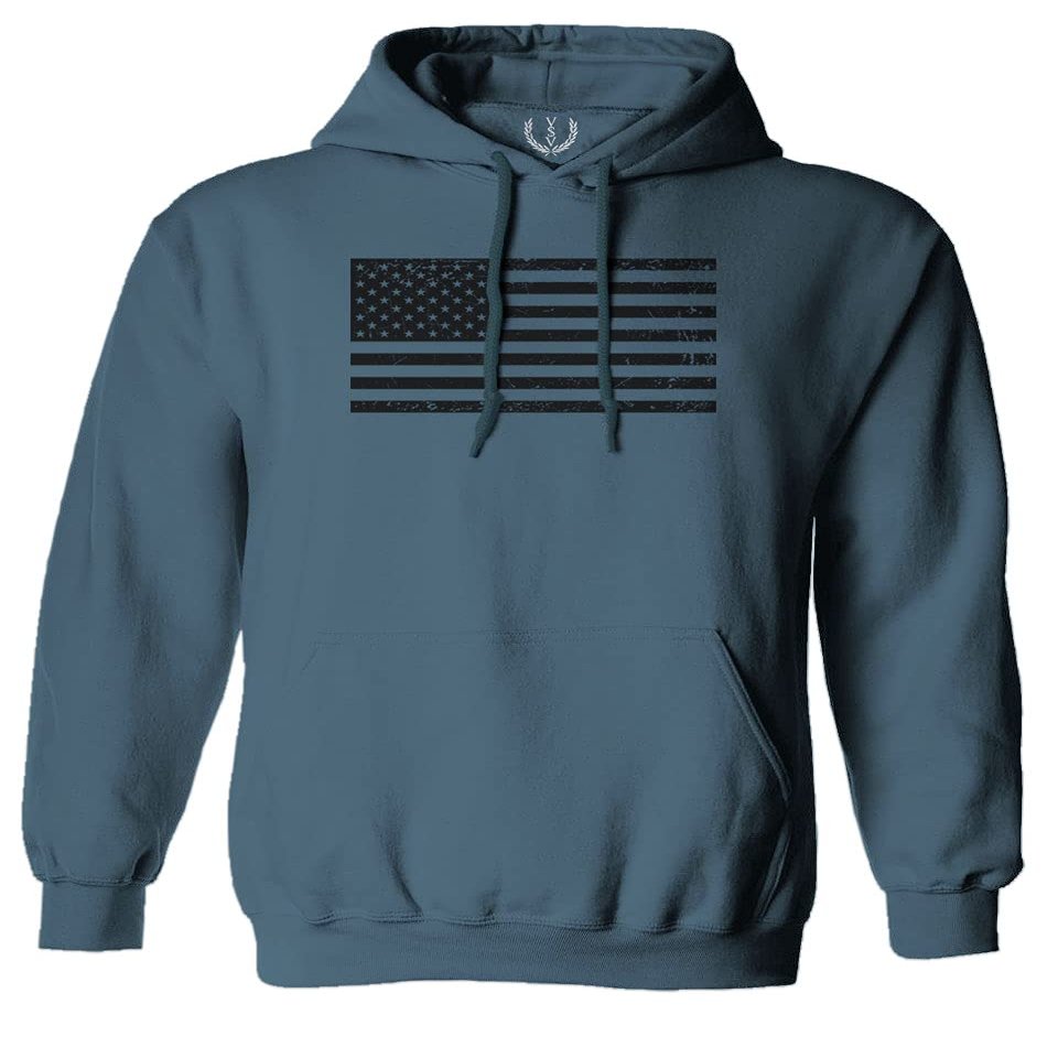 0023. United States of America Vintage American Flag USA us Military Patriotic Style Sweatshirt Pullover Hoodie (Indigo Blue, Medium)