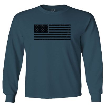 0023. United States of America Vintage American Flag USA us Military Patriotic Style Men's Long Sleeve t Shirt (Indigo Blue Small)