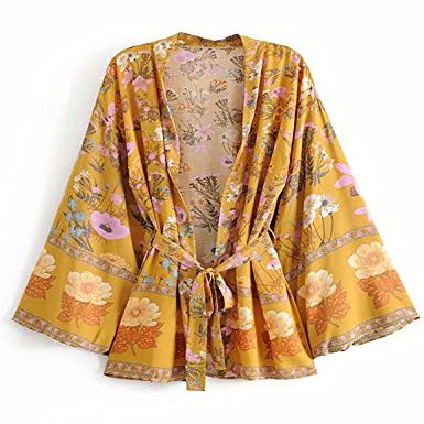 SHAREYOIU Women's Fashion Cotton Floral Open Kimono Cardigan Cover Ups Swimwear (Yellow, Medium, m)