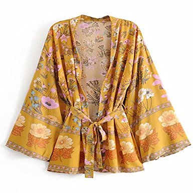 SHAREYOIU Women's Fashion Cotton Floral Open Kimono Cardigan Cover Ups Swimwear (Yellow, Medium, m)